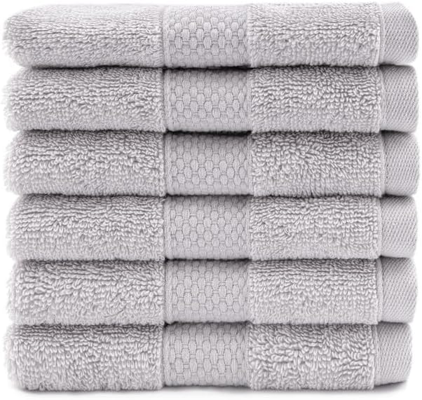Maisonette Loft Egyptian Cotton Turkish Hand Towels - Soft, Absorbent Washcloths for Face - Ideal Quick Dry Small Towel Wash Cloth Set for Bathroom - (13" x 13", 6 Pack) - Silver