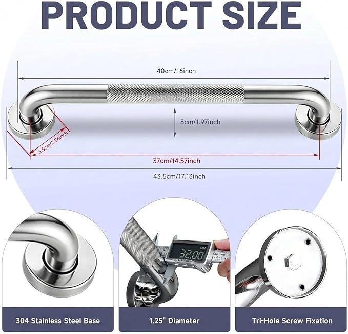 16 Inch Shower Grab Bar, Brushed Nickel Anti Slip Safety Bars, 304 Stainless Steel Bathroom Handrail, Handicap Grab Bars for Wall, Shower Grip Handle for Seniors Elderly Injury Assist Bath (1.25" Dia)
