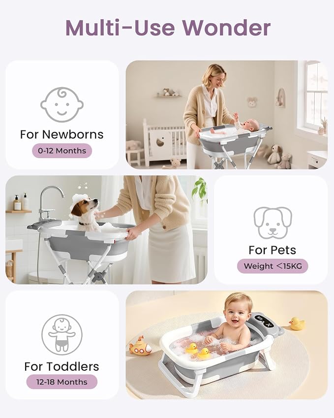 2-in-1 Foldable Baby Bathtub with Stand, Newborn Tub for Infant to Toddler, Easy-Store Design, Baby Shower Gift for New Parents, Grey