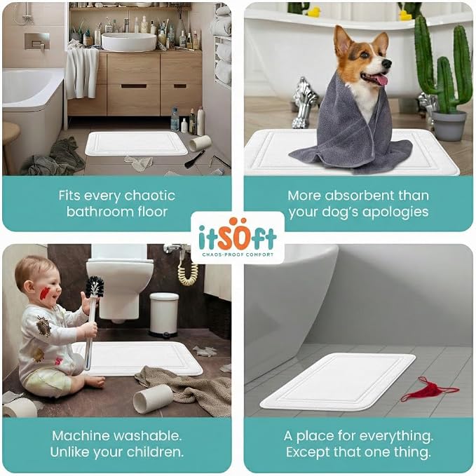 ITSOFT Memory Foam Bath Mat 31x20, Non Slip, Machine Washable, Quick Dry & Absorbent Rugs, Bath Mats for Bathroom Floor, Tub & Shower, Bathroom Rug, White