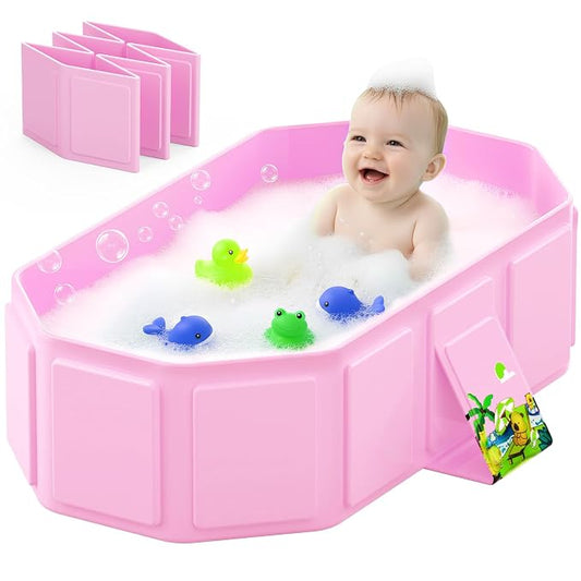 Collapsible Baby Bathtub, Toddler Bathtub with a Drain Plug, Folded for Storage Without Assembly, Suitable for Newborns to Toddlers, Portable Bathtub for Outdoor Travel, Pink