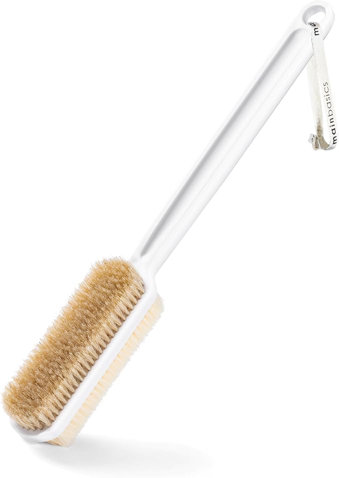 MainBasics Back Scrubber for Shower, Long Handle Body Brush, 15.75 Inch | Dual-Sided Exfoliating and Soft Bristles