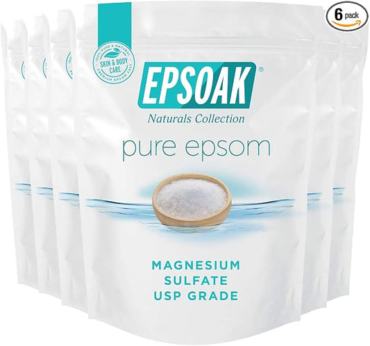 Epsoak Epsom Salt 12 lb. Magnesium Sulfate USP. (Qty. 6 x 2 lb. Bags) Resealable Epsom Salt Bag Unscented, Made in The USA, Cruelty-Free Certified