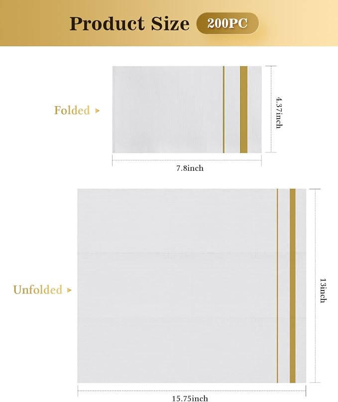 Goodluck 200 Pack 3-Ply Disposable Napkins - Soft & Absorbent Paper Hand Towels for Bathroom Guests, Dinner Party, Kitchen, Christmas, Wedding & Events, Parties - Striped Gold Trim