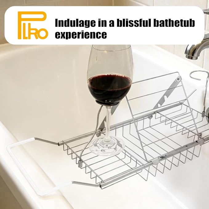 Bathtub Caddy Tray, Expandable Bath Tub Table with Removable Book Holder Red Wine Rack Holder, for Home Kitchen Bathroom, Sliver