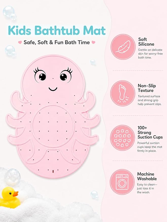 Kids Bathtub Mat Non Slip, Soft Silicone Octopus Baby Bath Mat for Tub, Toddler Bath Mat with Large Suction Cups, Washable Anti Slip Shower Mat for Children, Smooth Tub Surface Only