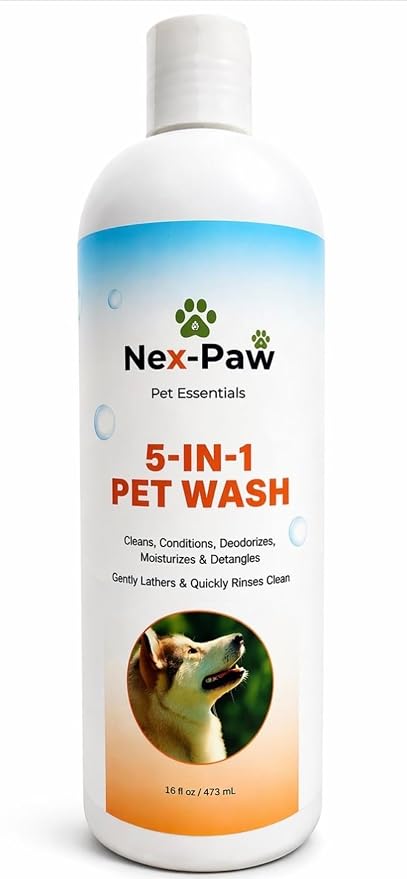 NEX-PAW 5-in-1 Dog Shampoo & Conditioner – Deodorizing, Cleaning, Moisturizing & Detangling Pet Wash for Dogs & Puppies – Gentle Formula – 16 oz