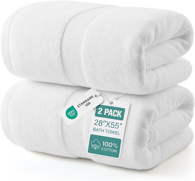 ecolook 2 Pack 100% Cotton Bath Towels, 28 x 55 Inches, Soft | Lightweight, Highly Absorbent & Quick Dry Body Towels for Bathroom, Shower, Gym & Daily Use, White
