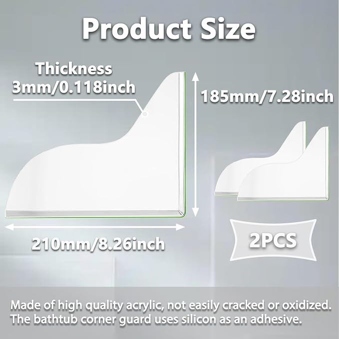 Splash Guard for Bathtub, Clear Bathtub Splash Guard Self-Adhesive Shower Tub Corner Splash Guard to Keep Water in Shower or Bath Can Be Used in Washbasin Tubs Sinks - Pack of 2