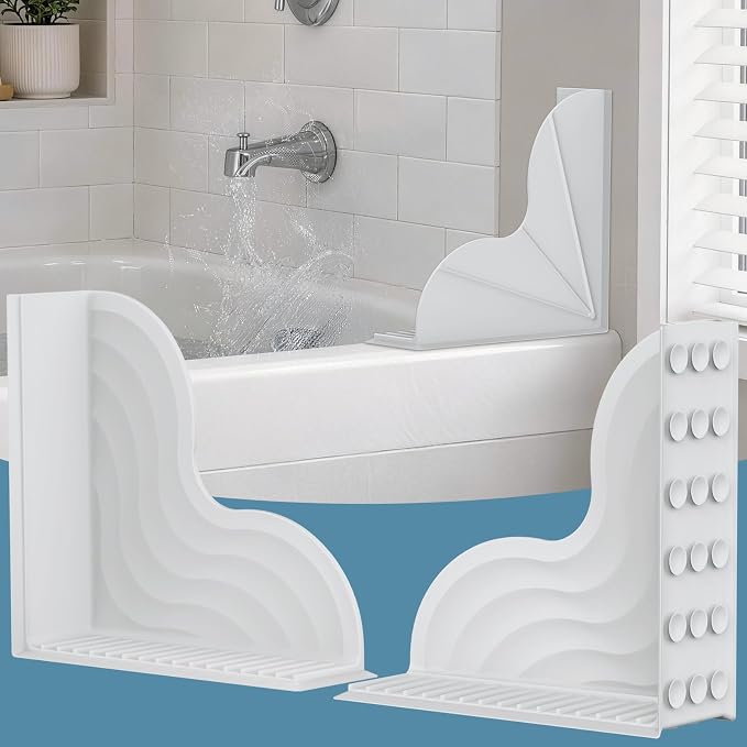 SOANNY Shower Splash Guard for Bathtub, Silicone Water Guard 2 Pack | No-adhesive silicone shower barrier with suction cups, reusable water stopper for bathtub corners and splash protection