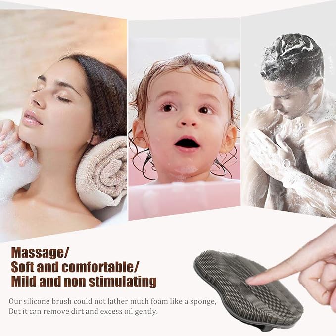 2 Pack Soft Silicone Body Scrubber, Shower Brush Exfoliating Skin Massage | Body Wash Dry Skin Brushing Glove Loofah, Fit for Sensitive and All Kinds of Skin(Gray+purple)
