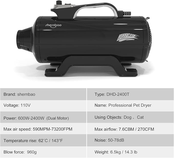 Dog Dryer High Velocity Professional Dog Pet Grooming Hair Drying Force Dryer Blower 6.0HP (DHD-2400T) (6.0HP, Jet Black) | 6.0HP powerful high velocity blower dryer for professional dog hair grooming, jet black DHD-2400T