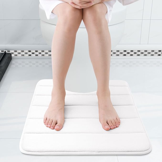 Buganda Memory Foam U-Shaped Contour Toilet Rugs, Absorbent, Thick Soft Washable Bathroom Mat, Floor Carpet Bath Rugs Mat for Toilet Base (24" x 20", White)