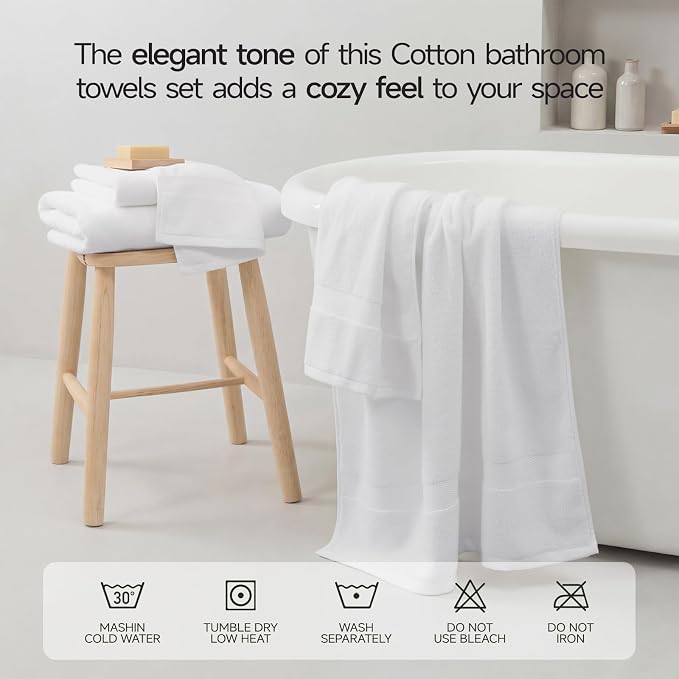 ecolook 2 Pack 100% Cotton Bath Towels, 28 x 55 Inches, Soft | Lightweight, Highly Absorbent & Quick Dry Body Towels for Bathroom, Shower, Gym & Daily Use, White