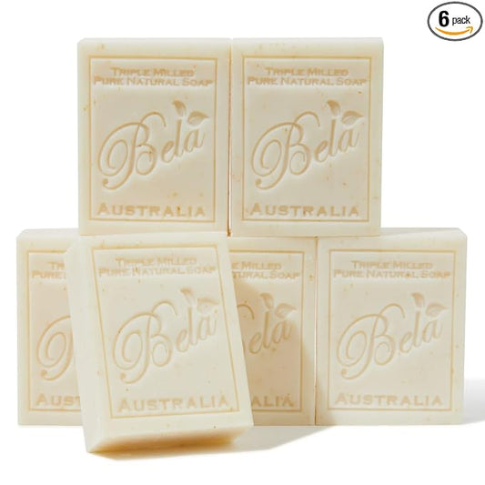 BELA Spearmint and Bran Soap 3.3 OZ (Pack of 6)- French Triple Milled Bar Soap with Organic Shea Butter, Hand, Face and Body Wash Bar, Made in Australia