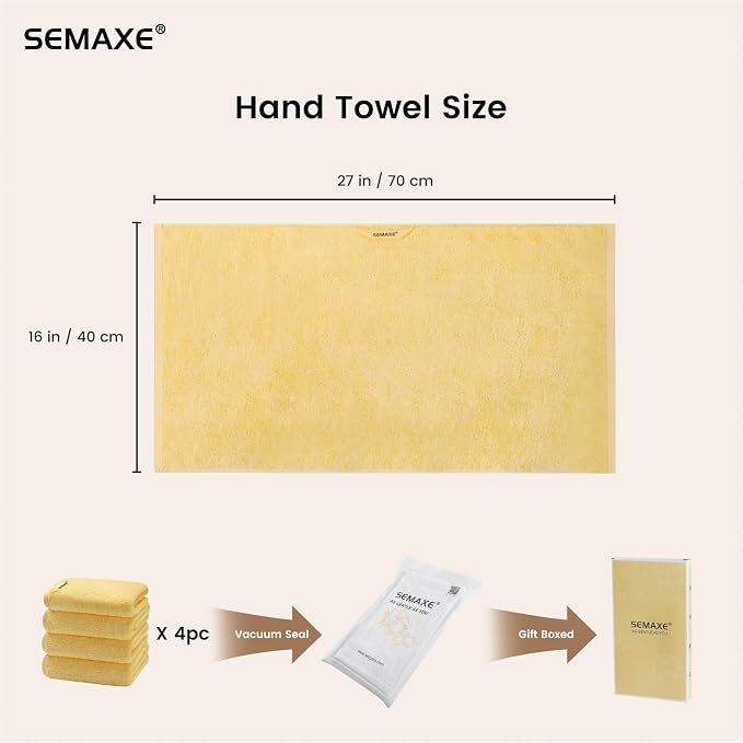 SEMAXE 4-Pack Yellow Cotton Hand Towels for Bathroom with Hanging Loops | Sink-side towels for drying hands and face, ideal for bathrooms, guest baths, powder rooms, OEKO-TEX certified, easy care