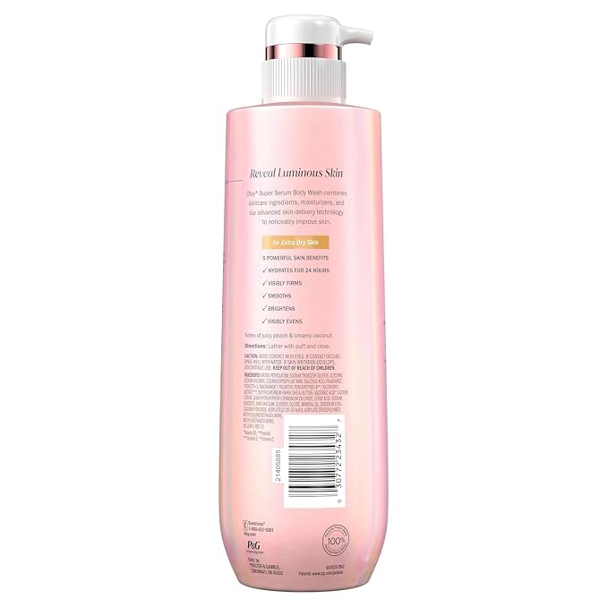 Olay Super Serum Body Wash for Extra Dry Skin, 24hr Long Lasting Rich Hydration, 5+ Ingredient Complex for Bright, Even, Firm, & Luminous Skin, with Collagen Peptide, Vitamin C & Shea Butter, 20 fl oz