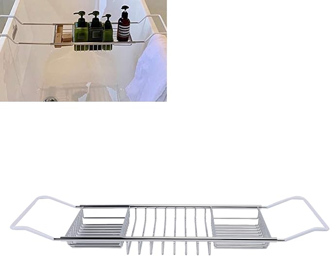 POCREATION Stainless Steel Bathtub Caddy Tray, Expandable 63.5 to 97.5cm / 25 to 38.4in, Modern Bath Organizer (Silver)
