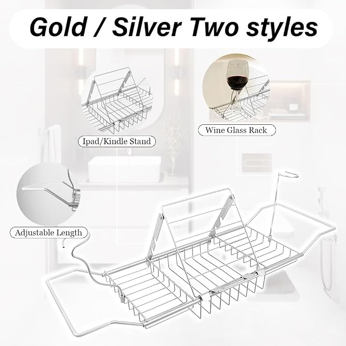 Bathtub Caddy Tray, Expandable Bath Tub Table with Removable Book Holder Red Wine Rack Holder, for Home Kitchen Bathroom, Sliver