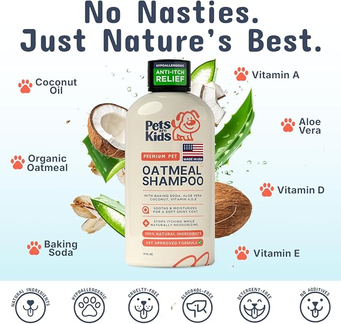 Pets Are Kids Too Oatmeal Dog Shampoo Baking Soda Hypoallergenic Anti Itch Moisturizing Soothing Deodorizing Pet Care Safe Puppy Shampoo Sensitive Skin Cat Shampoo - Coconut Based Cleanser 17 fl oz