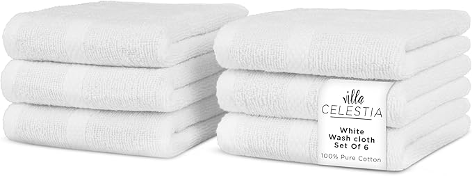 Cotton Washcloths Set of 6, 12x12 Inch, 100% Ring-Spun Combed Cotton, Soft Absorbent Quick-Dry Wash Cloths for Face and Body, Oeko-TEX Certified, Hotel & Spa Quality, White