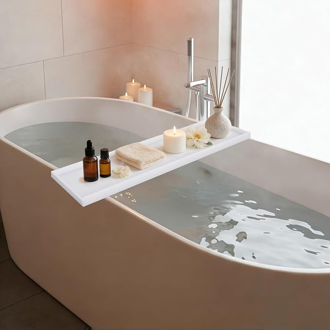 Pure White Acrylic Bathtub Tray 8mm Thick - Bathtub Rack Bath Tub Shelf for Bathroom Acrylic Tub Caddy Bathroom Organizer Rectangular Modern Bathtub Caddy Hold Phone Tablet Wine Glasses