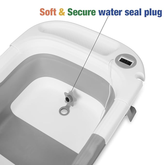 Baby Bathtub for Newborn Infant, Collapsible Baby Bathtub with Temperature Display & Soft Cushion, Infant to Toddler Bathtub, Portable Foldable Travel Bath Tub, 0-24 Months (Grey)