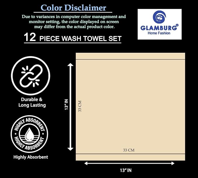 GLAMBURG Ultra Soft 12-Piece Washcloths Set 13x13-100% Ringspun Cotton - Durable & Highly Absorbent Face Towels - Ideal for use in Bathroom, Kitchen, Gym, Spa & General Cleaning - Jade