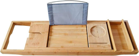 Bamboo Bathtub Tray Expandable Bathroom Tray for Home Spa Relaxation, Premium Foldable Wood Bath Table, Soap Dish, Book, Phone & Tablet Holder, Wine Glass Slot - Relaxing Bath Caddy