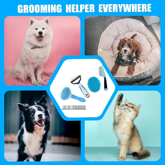 Dog Brush Grooming Kit 5PCS - Dog Brush for Shedding,Puppy Brush and Flea Comb for Dogs, Slicker Brush Comb and Dog Hair Brush Set Blue, Grooming at Home or Travel