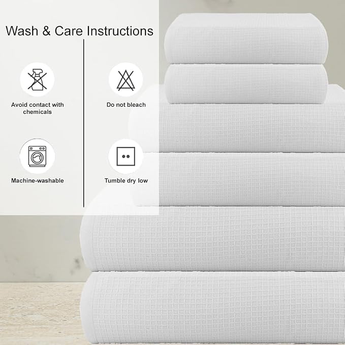 CASA COPENHAGEN Waffle 6Pcs 100% Egyptian Cotton Large Designer Towels Gift Set- White, 2Bath 2Hand 2Washcloths, Bath Towels for Bathroom (Box Pack, Set for Women & Men)