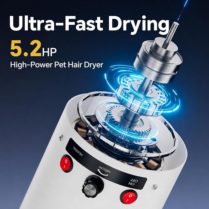 Dog Dryer High Velocity Dog Hair Dryer 5.2HP/3800W, Stepless Adjustable Speed Temperature Dogs Grooming Blow Dryer, Pet Dryer with 4 Nozzles,Blow Dryer for Dogs, White