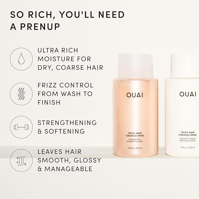 OUAI Thick Hair Shampoo & Conditioner Set, Travel Size - Moisturizing Shampoo & Conditioner - With Keratin, Marshmallow Root, Shea Butter & Avocado Oil - Sulfate, Paraben & Phthalate Free (3 Oz)
