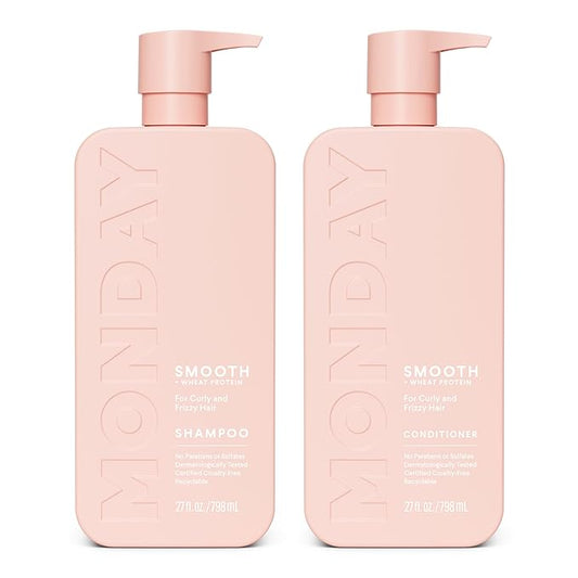 MONDAY HAIRCARE Smooth Shampoo + Conditioner Bathroom Set (2 Count) 27 oz Each For Frizzy, Coarse & Curly Hair Made with Coconut Oil, Shea Butter & Vitamin E 100% Recyclable Bottle Pink