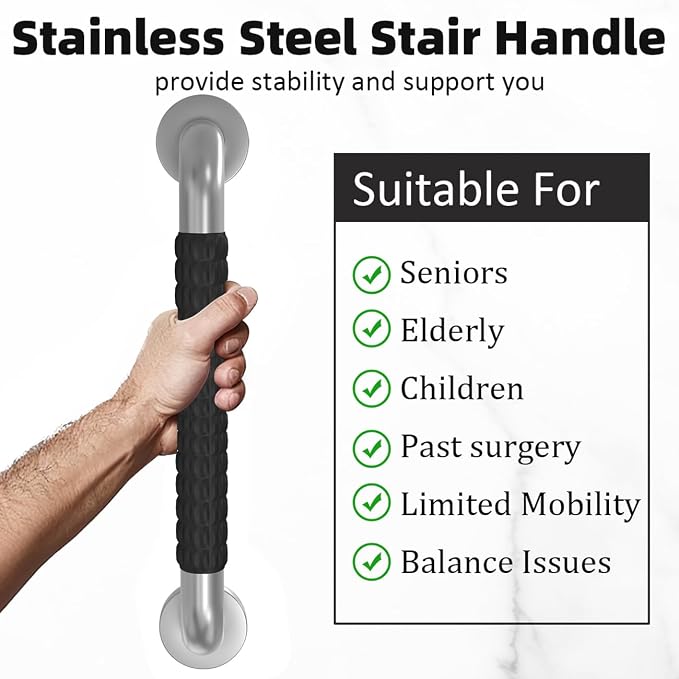 Metal Industrial Stairs Grab Wall Handrail Staircase Steps Indoor Exterior Outdoor Deck Hand Rail Safety Grab Bar Handle for Stairs Bars Wall Elderly Grab Frame Pipe (12 Inch 1 Pack Rubber)