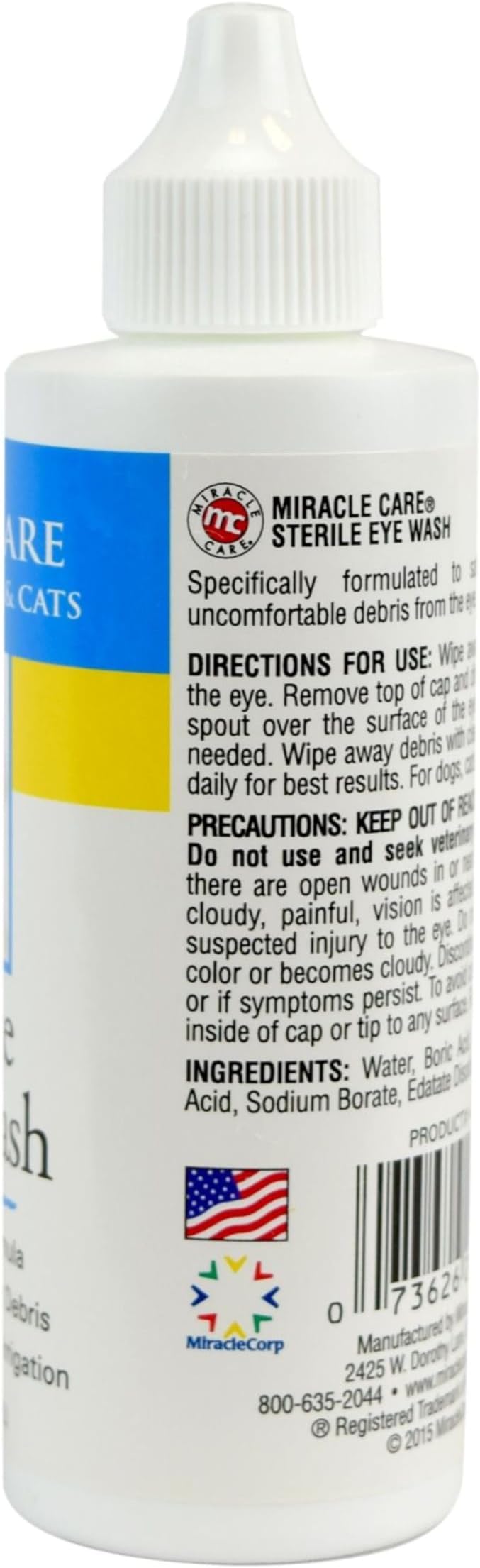 Miracle Care Sterile Eye Wash for Dogs and Cats, 4 Ounce | Non-Stinging Eye Drops Flush and Sooth Eye Irritation and Remove Debris, Safe for Use In and Around Eye Area