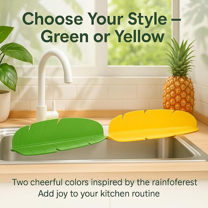 Silicone Kitchen Sink Splash Guard Banana Leaf Shape – Colorful Silicone Sink Splash Guard with Suction Cups, Water Protector for Small Kitchen Sink, Bathtub & Counter by Giftly Moment