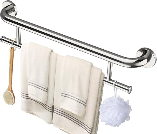 Chrome Towel Grab Bar 24 Inch - 1.25” Diameter, Zepolu Stainless Steel Safety Bar w/Towel Holder, Shower Assist Balanced Support Handle, Wall Mounted Bathroom Towel Rack for Senior Elderly Handicap