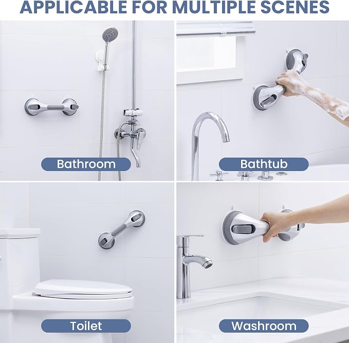 Grab Bars for Shower, Suction Cup 12 inch, 2 Pack Grab Bars for Bathtubs, Bathroom Safety Grip Shower Handle for Elderly and Seniors, Bath Handrails Removable Waterproof No Drilling Silver