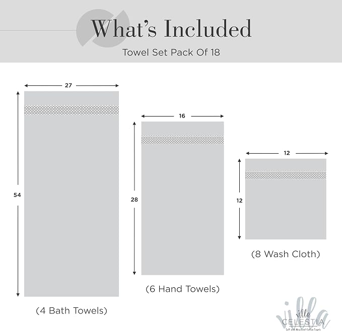 18-Piece 100% Cotton Towel Set, 4 Bath Towels, 6 Hand Towels, 8 Wash Cloth, Quick-Dry, White