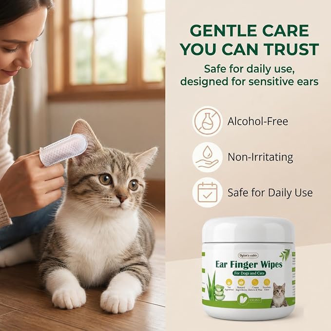 Dylan's cabin Cat Ear Wipes - 150 Count Finger Wipes for Dogs Cats, Pet Ear Cleaning Remove Wax Dirt Debris, Odor Gentle Alcohol Free Daily Ear Care