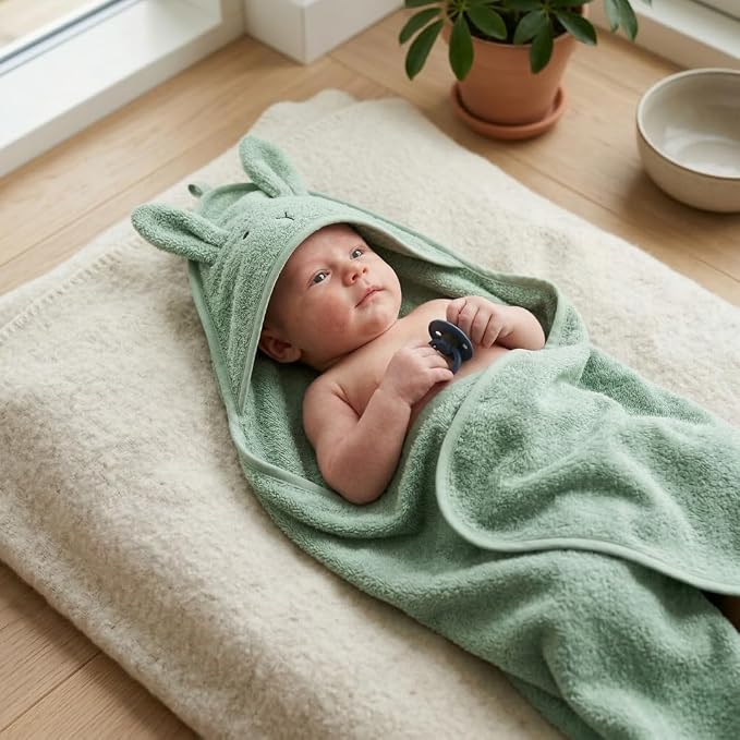 Hooded Baby Towels – 100% Organic Cotton Baby Bath Towels – Baby Boy and Girl Newborn Essentials - Super-Soft and Absorbent. (2-Pack Fog Bear and Roman Green Rabbit)