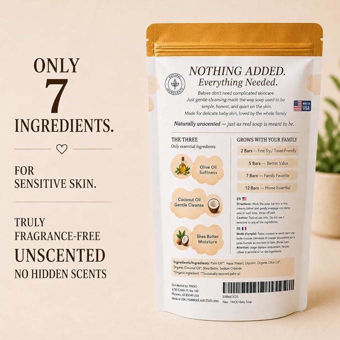 Fragrance Free Baby Bar Soap for Sensitive Skin | Unscented Natural soap bar for toddlers kids adults with gentle skin | Organic ING | Made in USA | 5 Bars (3.5 oz Each)