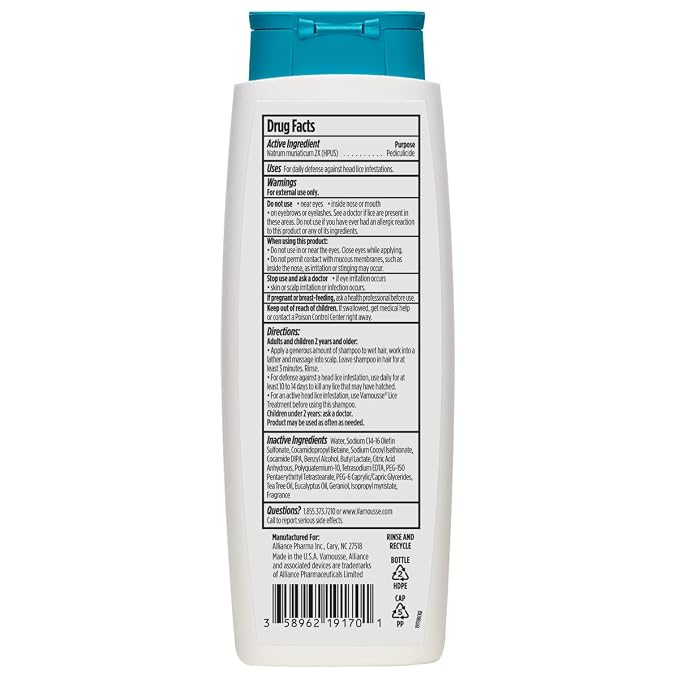 Vamousse Head Lice Defense Daily Shampoo, Homeopathic Pesticide-Free Formula with Tea Tree Oil, After Exposure Defense for Kids &Family, Paraben, Sulfate & Dye Free, 13.5 Oz