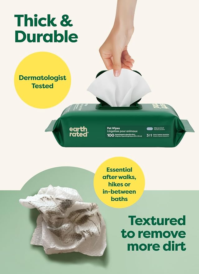 earth rated Pet Wipes for Dogs and Cats, Hypoallergenic, 3-in-1 Cleaning, Deodorizing and Hydrating, for Grooming Paws, Body and Butt, New White Tea and Basil Scent, 400 Count