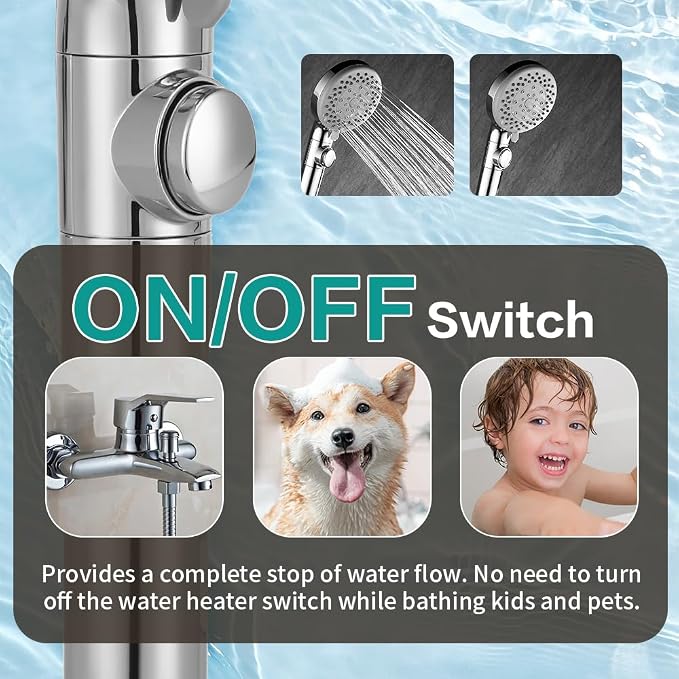 Handheld Shower Head with 79" Extra Long Hose 7 Modes High Pressure Shower Head with On Off Switch Button and Powerful Wash Modes for Pets Bath, Chrome