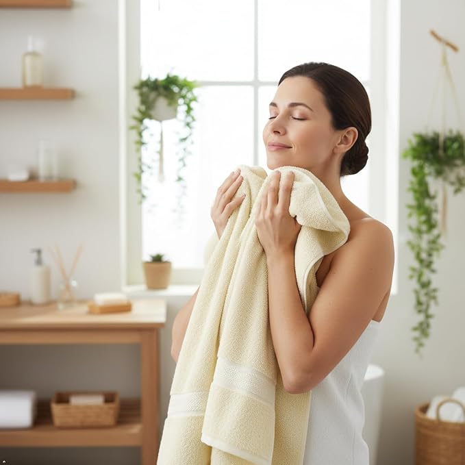 Luxury Bath Towels Set-100% Cotton- 2 Bath, 2 Hand & 2 Washcloths- Large, Thick, Fluffy, Absorbent, Quick Dry, Soft, Plush -Gift, Pool, Hotel, Gym Towel -6 Piece Luxury Bathroom Towels - Cream / Ivory