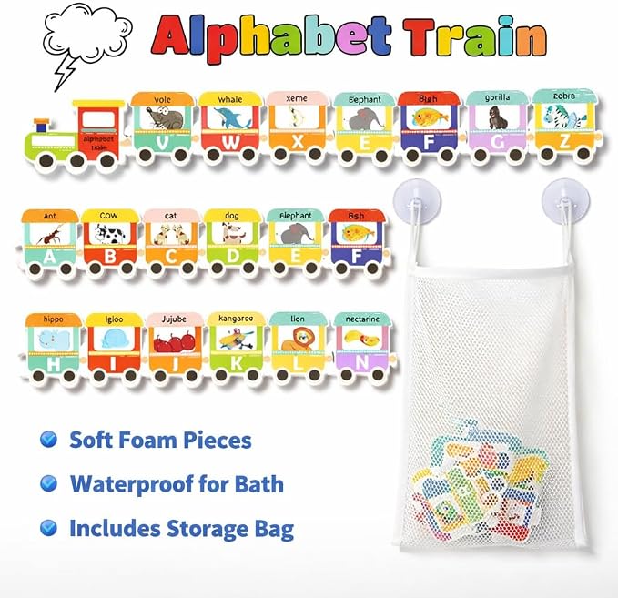 Baby Bath Toys for Toddlers 1-3, Mold Free Foam Bath Letters and Numbers, Alphabet Train Water Toys for Kids Ages 2-4, Bathtub Toy Organizer Storage Bag Included, Gifts for Boys Girls