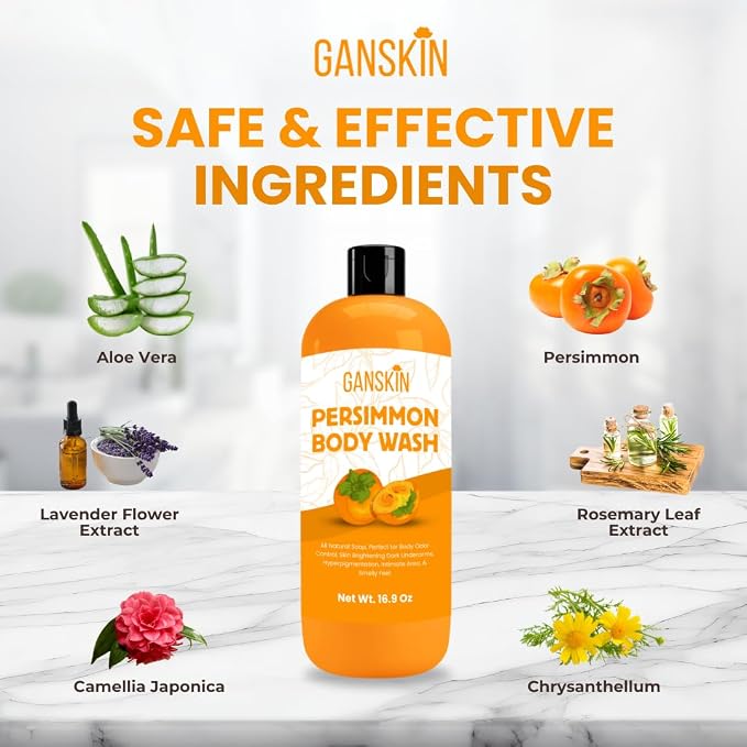 Persimmon Body Wash for Body Odor Control – Natural Deodorant Soap for Eliminating Odor – Underarms, Intimate Inner Thigh, Bikini Area, Smelly Feet – Purifying Deodorizing Soap, Kids Safe