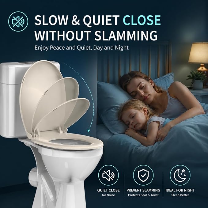 Round Toilet Seat Almond 16.5 Inch, Soft Close Toilet Seat, Quiet No Slam Toilet Lid, Easy Install & Quick Release, Durable PP Plastic, Easy Clean, Fits Most Standard Round Toilets, Almond